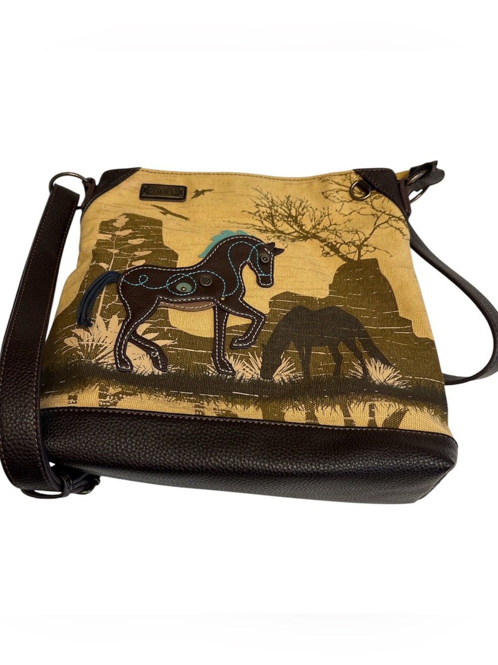 Chala Canvas Horse Print Crossbody Shoulder Bag adj strap zip top closure
